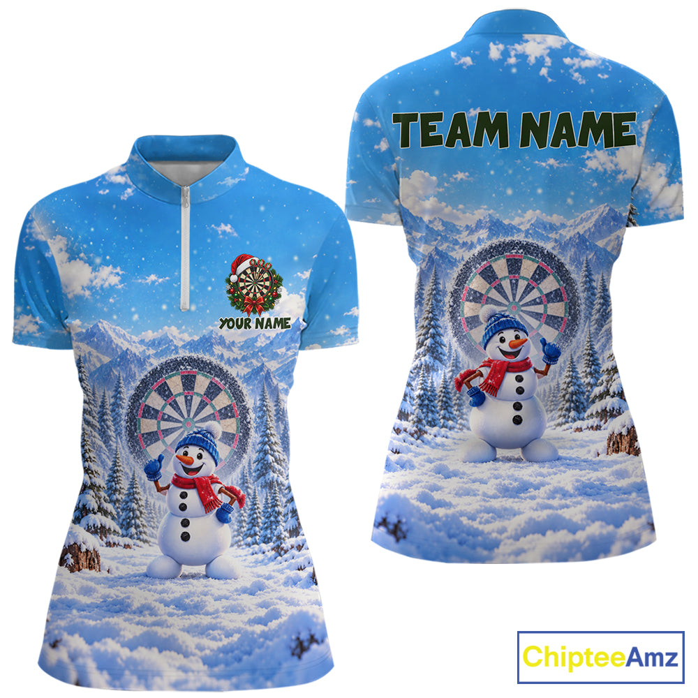 Funny Snowman Dart Polo 1/4-Zip Jersey For Women Christmas Darts Shirt Custom Team Name Darts Gift NYN5046