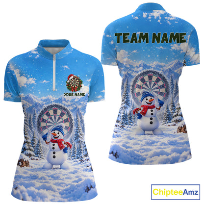 Funny Snowman Dart Polo 1/4-Zip Jersey For Women Christmas Darts Shirt Custom Team Name Darts Gift NYN5046