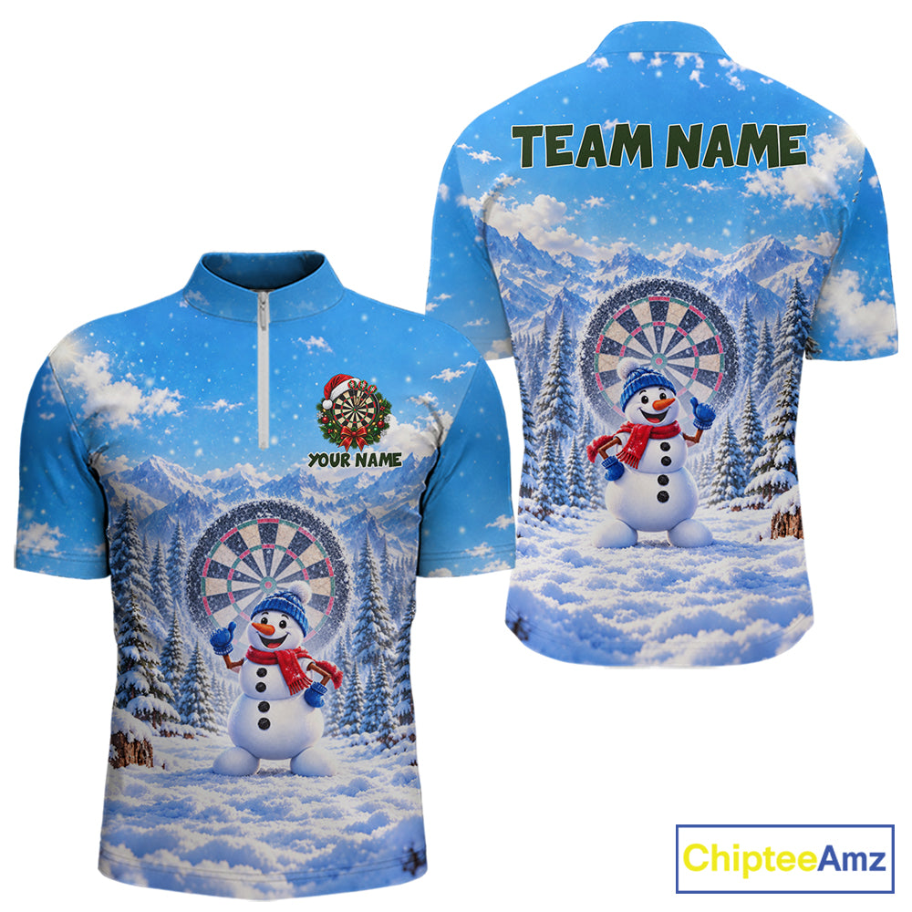 Funny Snowman Dart Polo 1/4-Zip Jersey For Men Christmas Darts Shirt Custom Team Name Darts Gift NYN5046
