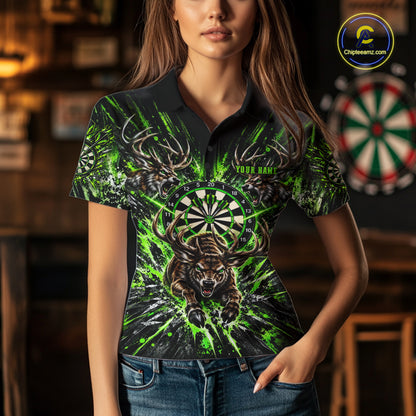 Personalized Horror Deer Darts Polo 1/4-Zip Shirt For Women Custom Green Splatter Darts Team Jersey NYN5050