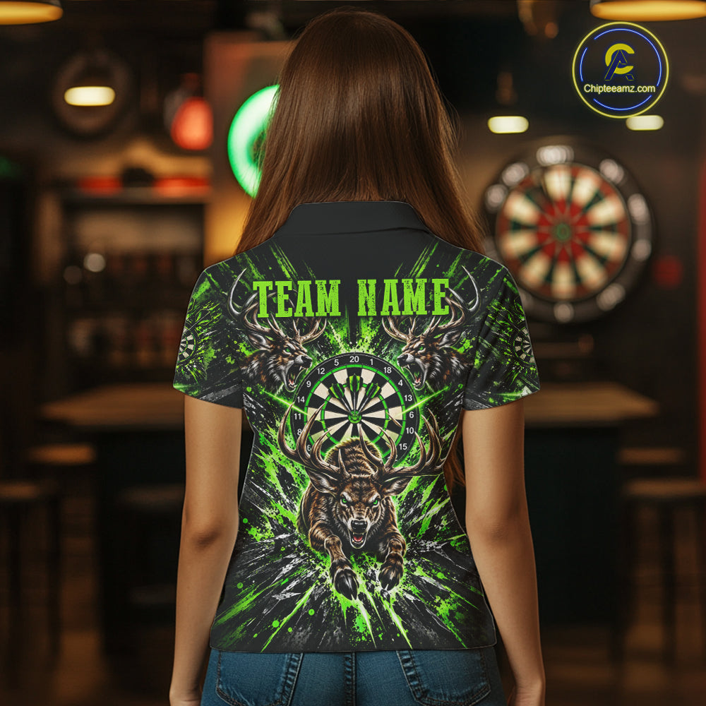 Personalized Horror Deer Darts Polo 1/4-Zip Shirt For Women Custom Green Splatter Darts Team Jersey NYN5050