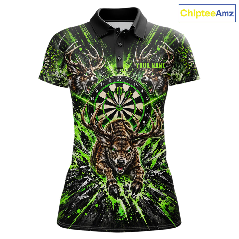 Personalized Horror Deer Darts Polo 1/4-Zip Shirt For Women Custom Green Splatter Darts Team Jersey NYN5050