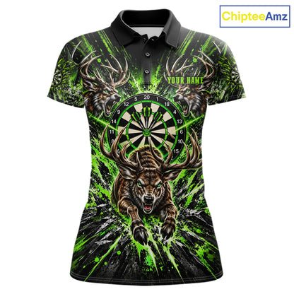 Personalized Horror Deer Darts Polo 1/4-Zip Shirt For Women Custom Green Splatter Darts Team Jersey NYN5050