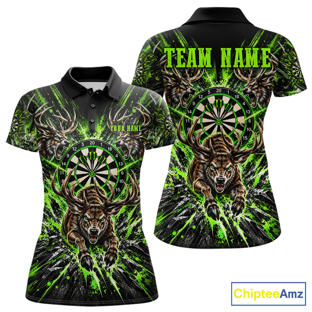 Personalized Horror Deer Darts Polo 1/4-Zip Shirt For Women Custom Green Splatter Darts Team Jersey NYN5050