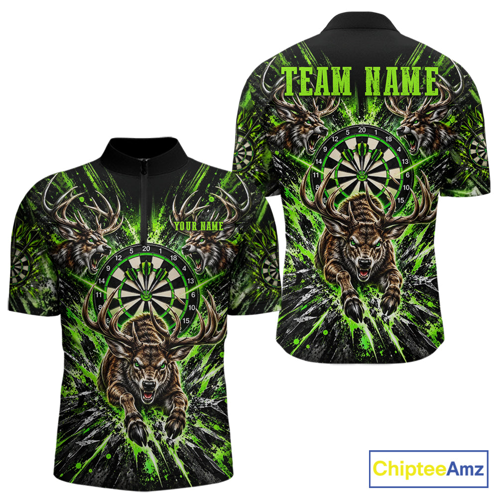 Personalized Horror Deer Darts Polo 1/4-Zip Shirt For Men Custom Green Splatter Darts Team Jersey NYN5050
