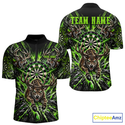 Personalized Horror Deer Darts Polo 1/4-Zip Shirt For Men Custom Green Splatter Darts Team Jersey NYN5050