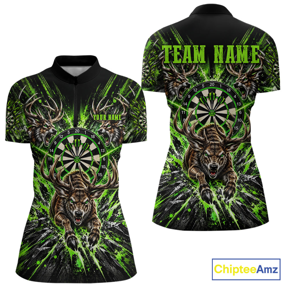 Personalized Horror Deer Darts Polo 1/4-Zip Shirt For Women Custom Green Splatter Darts Team Jersey NYN5050
