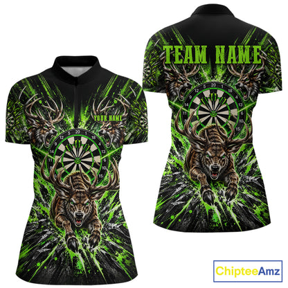 Personalized Horror Deer Darts Polo 1/4-Zip Shirt For Women Custom Green Splatter Darts Team Jersey NYN5050