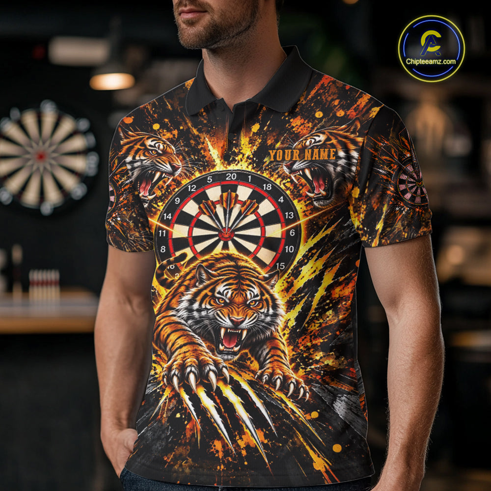 Personalized Horror Tiger Darts Polo 1/4-Zip Shirt For Men Custom Orange Splatter Darts Team Jersey NYN5051