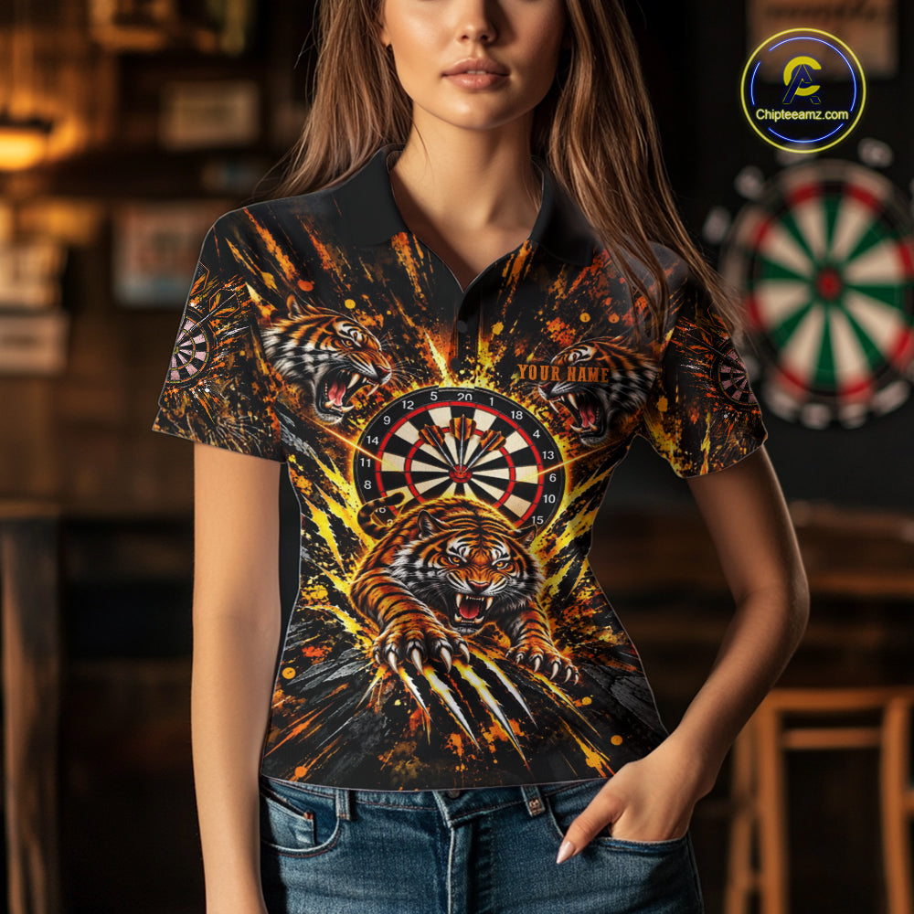 Personalized Horror Tiger Darts Polo 1/4-Zip Shirt For Women Custom Orange Splatter Darts Team Jersey NYN5051