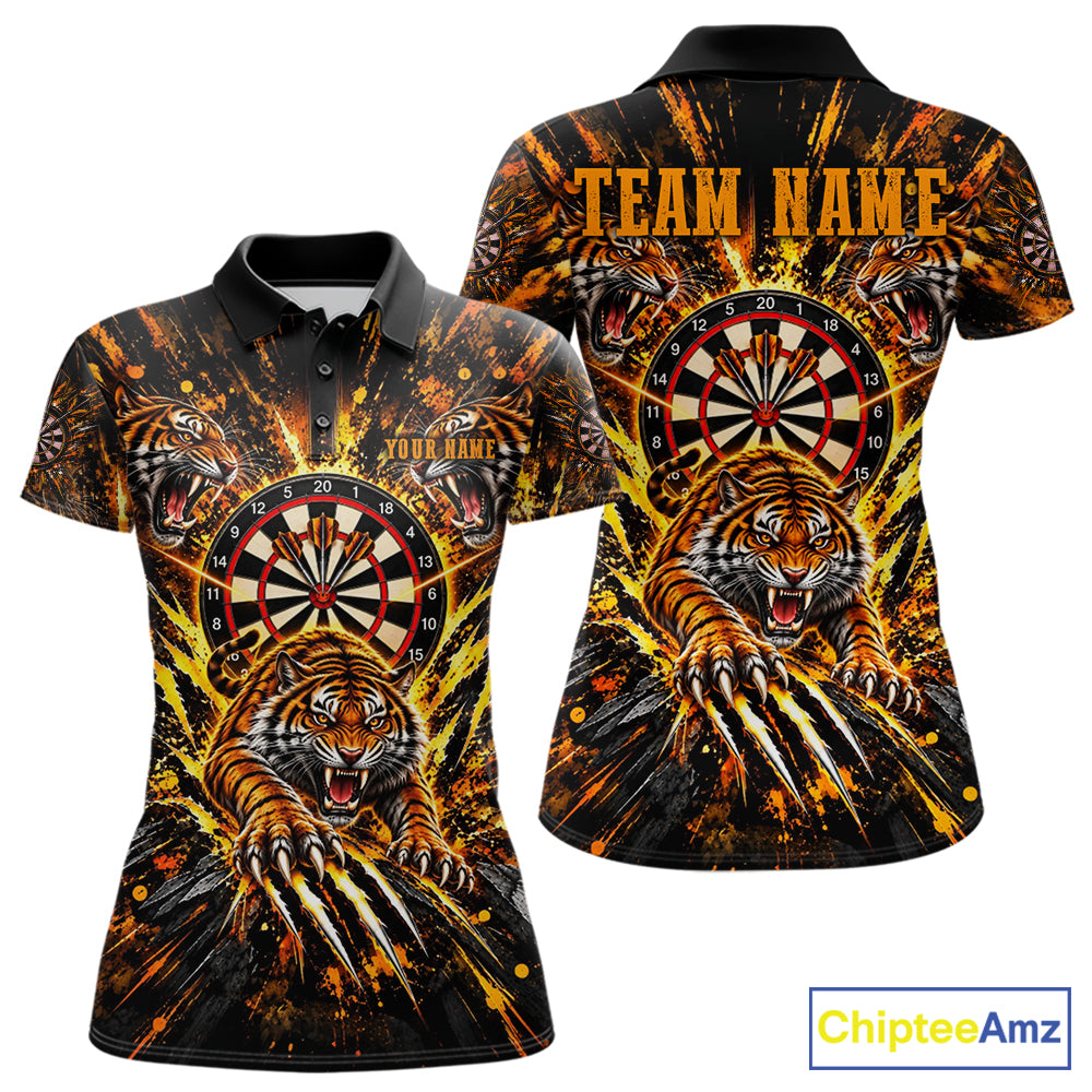 Personalized Horror Tiger Darts Polo 1/4-Zip Shirt For Women Custom Orange Splatter Darts Team Jersey NYN5051