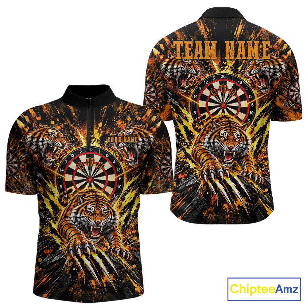 Personalized Horror Tiger Darts Polo 1/4-Zip Shirt For Men Custom Orange Splatter Darts Team Jersey NYN5051