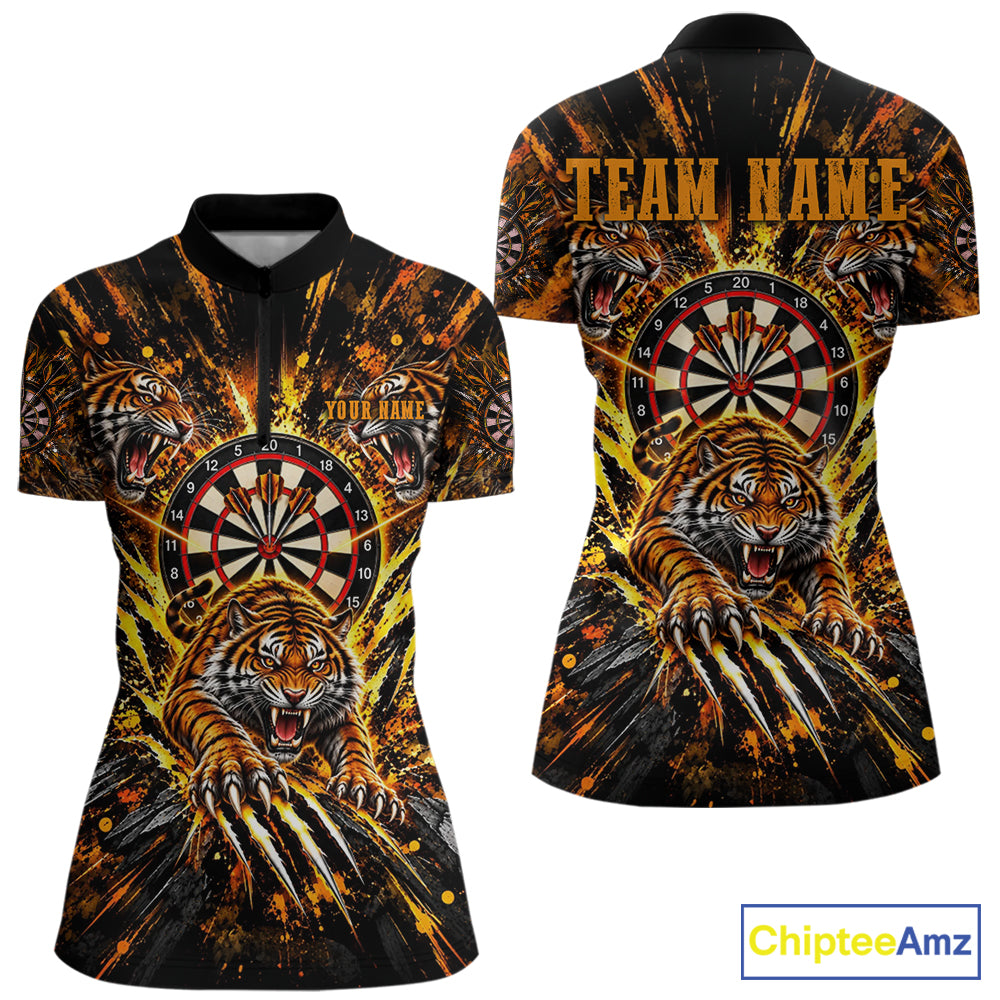 Personalized Horror Tiger Darts Polo 1/4-Zip Shirt For Women Custom Orange Splatter Darts Team Jersey NYN5051