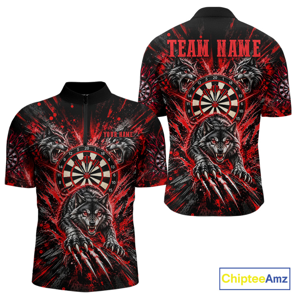 Personalized Horror Wolf Darts Polo 1/4-Zip Shirt For Men Custom Red Splatter Darts Team Jersey NYN5052