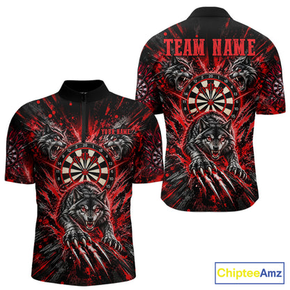 Personalized Horror Wolf Darts Polo 1/4-Zip Shirt For Men Custom Red Splatter Darts Team Jersey NYN5052