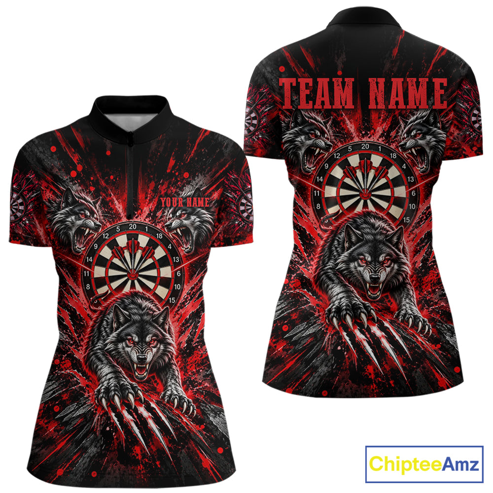 Personalized Horror Wolf Darts Polo 1/4-Zip Shirt For Women Custom Red Splatter Darts Team Jersey NYN5052