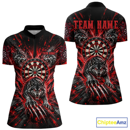 Personalized Horror Wolf Darts Polo 1/4-Zip Shirt For Women Custom Red Splatter Darts Team Jersey NYN5052