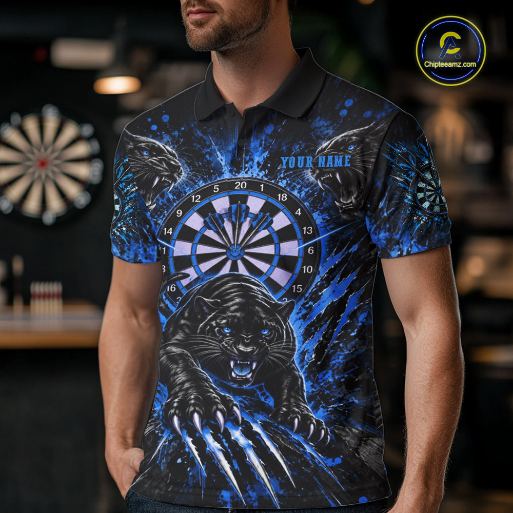 Personalized Horror Panther Darts Polo 1/4-Zip Shirt For Men Custom Blue Splatter Darts Team Jersey NYN5053