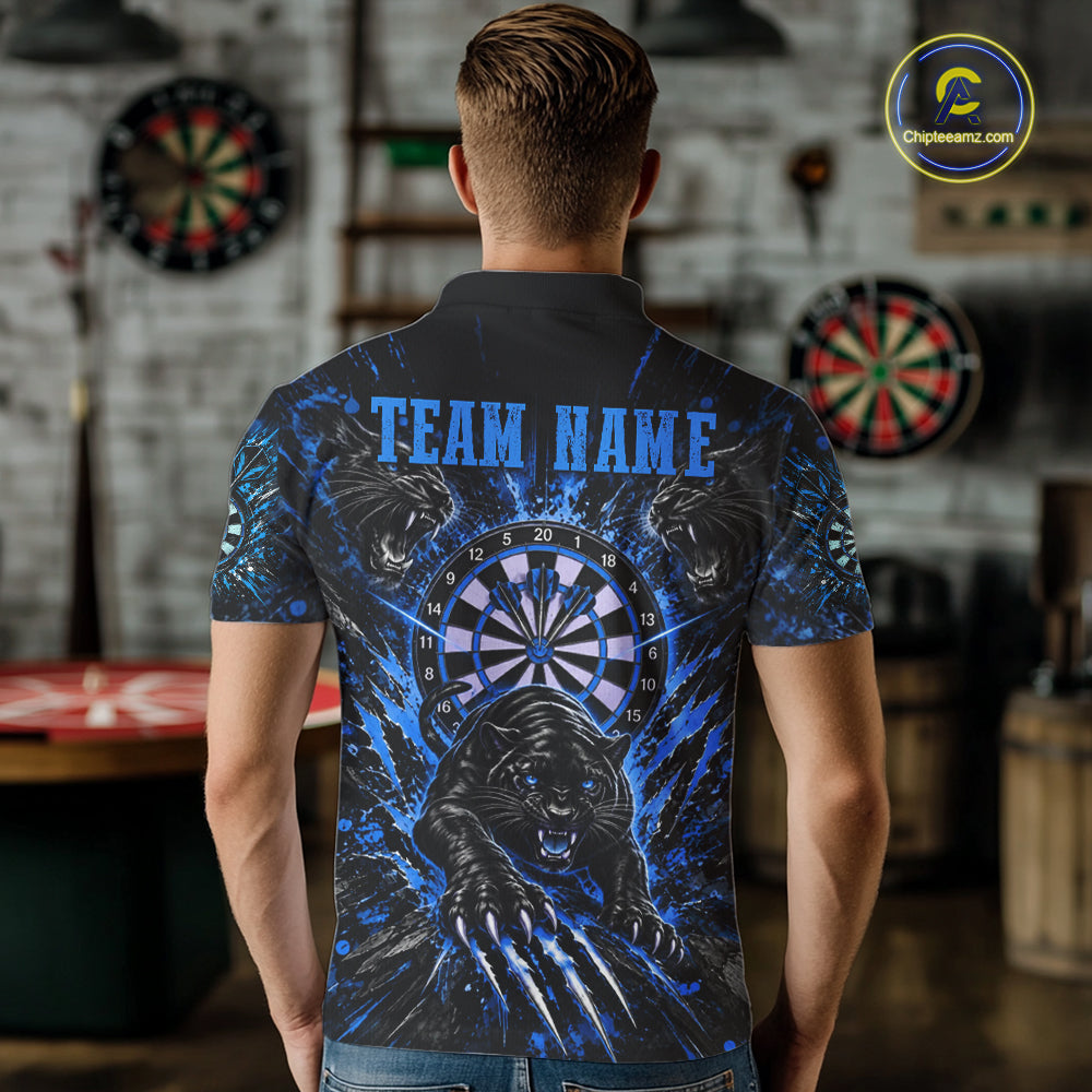 Personalized Horror Panther Darts Polo 1/4-Zip Shirt For Men Custom Blue Splatter Darts Team Jersey NYN5053