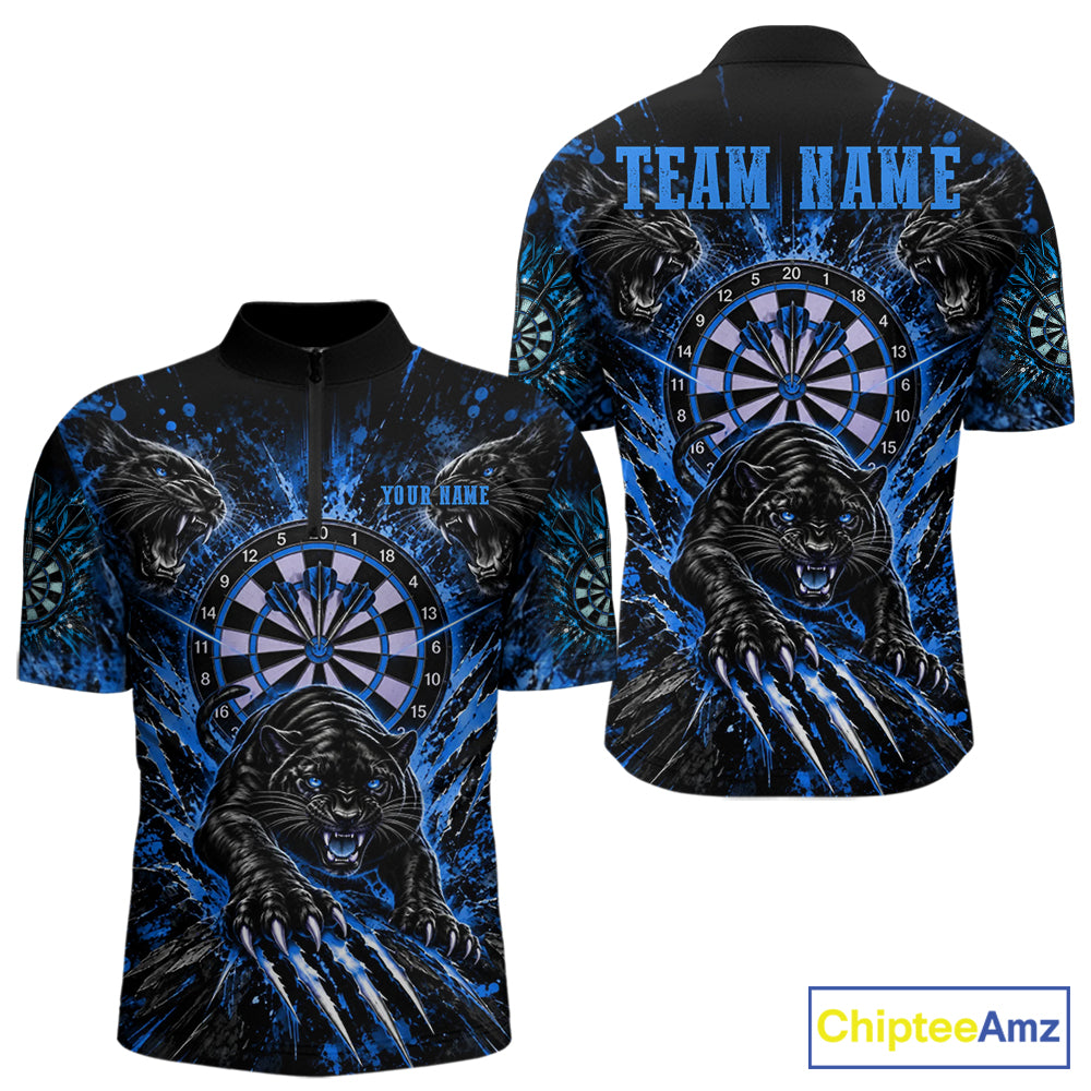Personalized Horror Panther Darts Polo 1/4-Zip Shirt For Men Custom Blue Splatter Darts Team Jersey NYN5053