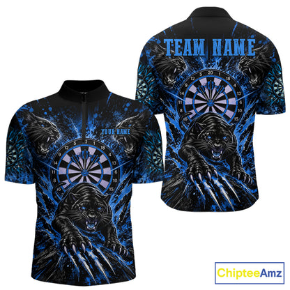 Personalized Horror Panther Darts Polo 1/4-Zip Shirt For Men Custom Blue Splatter Darts Team Jersey NYN5053