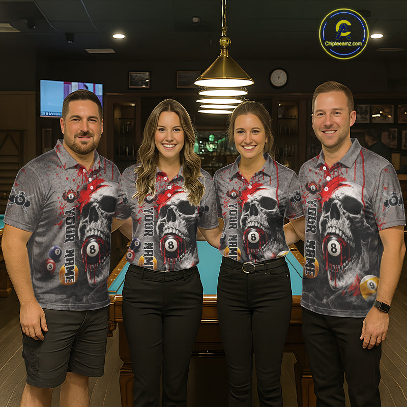 Grunge Skull Billiard Pool Shirts For Men Custom Red Dripping Ball 8 Billiard Team Jerseys NYN2301
