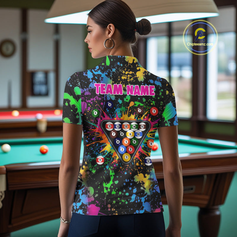 Funny 8 Ball Pool Colorful Paint Splash Custom Name Billiard Shirt For Women Billiard Team Jersey NYN2302
