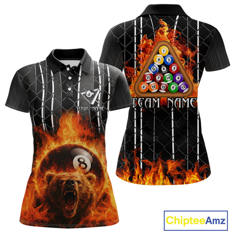 Red Flaming 8 Ball Billiard League Shirts For Women Custom Funny Bear Billiard Team Jerseys NYN2307