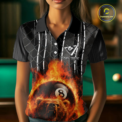 Red Flaming 8 Ball Billiard League Shirts For Women Custom Funny Bear Billiard Team Jerseys NYN2307