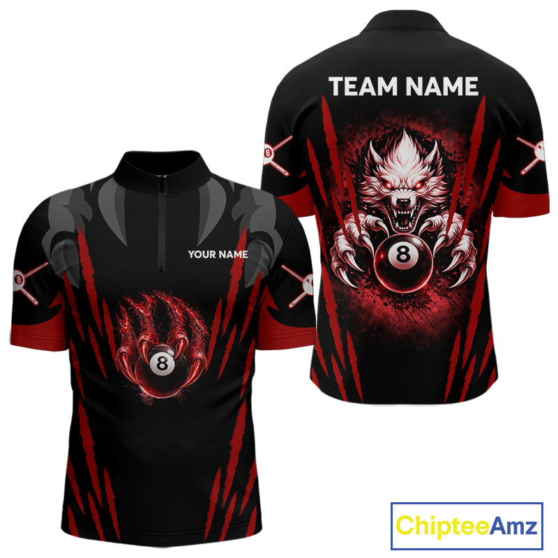 Black And Red Grunge Claws Wolf 8 Ball Pool Men Billiard Shirt Personalized Pool Balls Billiard Attire NYN2738