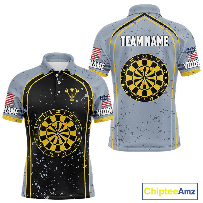 Custom Grey And Yellow US Flag Dartboard Dart Shirts For Men Patriotic Dart Team Jerseys NYN0042