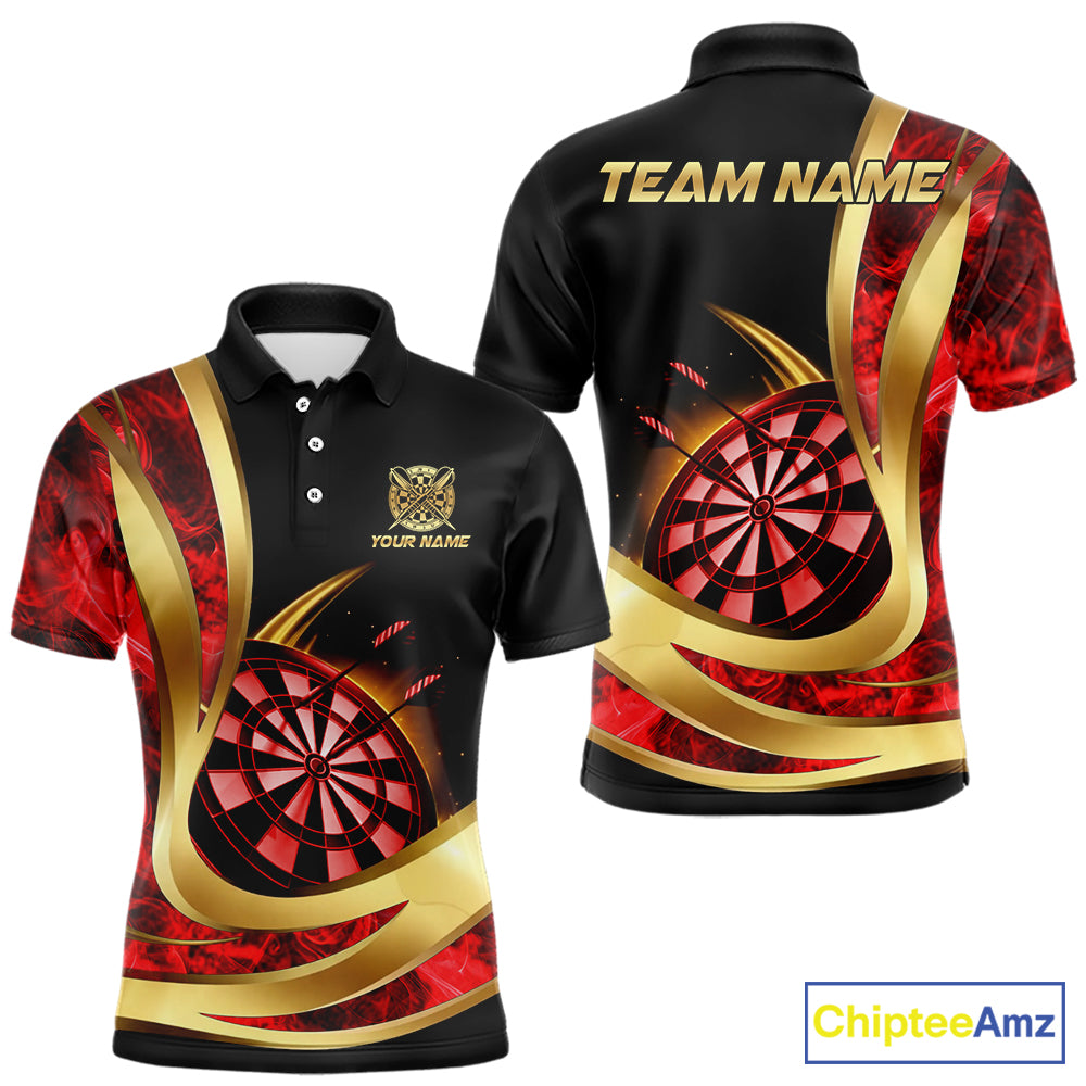 Personalized Red Flaming Thunder Darts Polo & 1/4-Zip Shirt For Men Gold Dart Team Dart Jerseys NYN2957