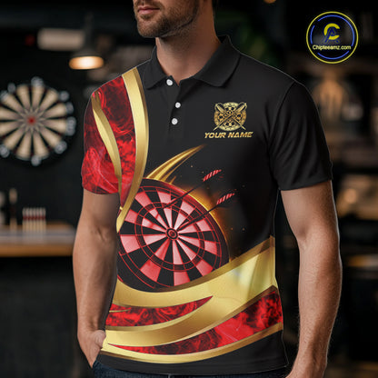 Personalized Red Flaming Thunder Darts Polo & 1/4-Zip Shirt For Men Gold Dart Team Dart Jerseys NYN2957
