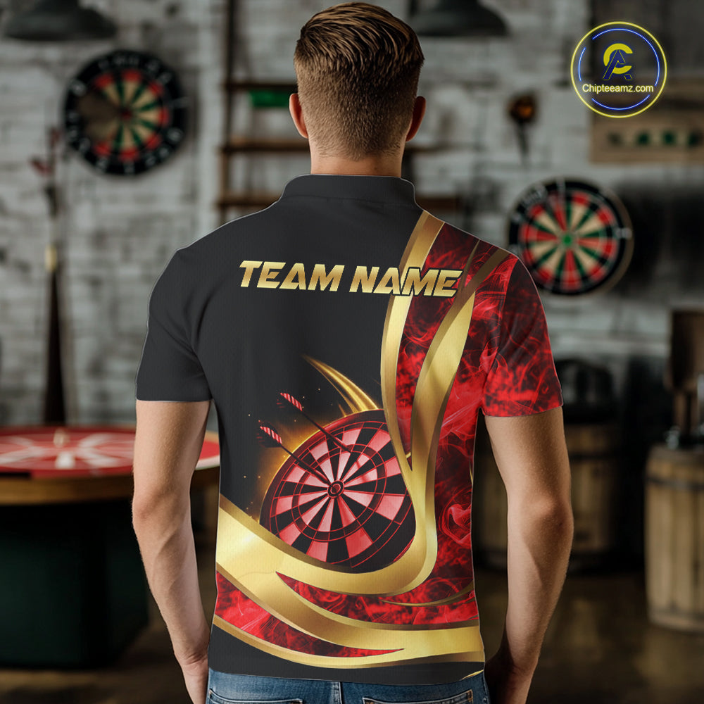 Personalized Red Flaming Thunder Darts Polo & 1/4-Zip Shirt For Men Gold Dart Team Dart Jerseys NYN2957