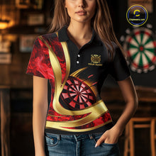 Load image into Gallery viewer, Personalized Red Flaming Thunder Darts Polo &amp; 1/4-Zip Shirt For Women Gold Dart Team Dart Jerseys NYN2957
