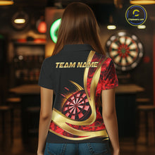 Load image into Gallery viewer, Personalized Red Flaming Thunder Darts Polo &amp; 1/4-Zip Shirt For Women Gold Dart Team Dart Jerseys NYN2957