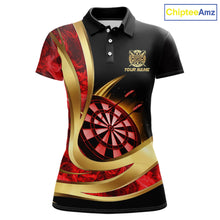 Load image into Gallery viewer, Personalized Red Flaming Thunder Darts Polo &amp; 1/4-Zip Shirt For Women Gold Dart Team Dart Jerseys NYN2957