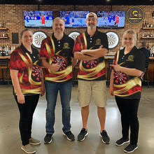 Load image into Gallery viewer, Personalized Red Flaming Thunder Darts Polo &amp; 1/4-Zip Shirt For Women Gold Dart Team Dart Jerseys NYN2957