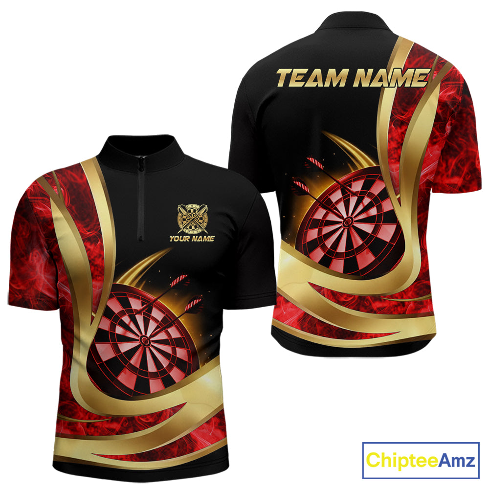 Personalized Red Flaming Thunder Darts Polo & 1/4-Zip Shirt For Men Gold Dart Team Dart Jerseys NYN2957