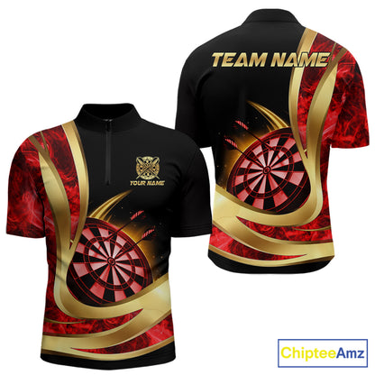 Personalized Red Flaming Thunder Darts Polo & 1/4-Zip Shirt For Men Gold Dart Team Dart Jerseys NYN2957