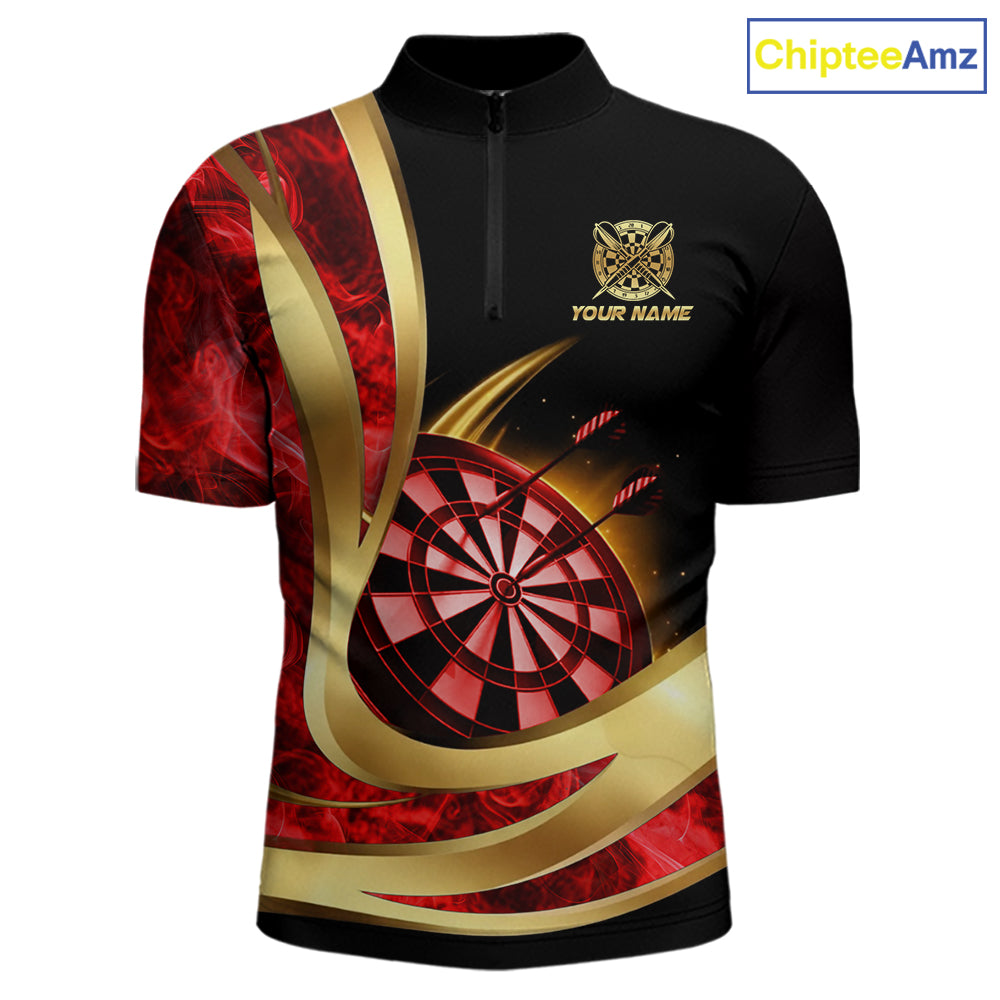Personalized Red Flaming Thunder Darts Polo & 1/4-Zip Shirt For Men Gold Dart Team Dart Jerseys NYN2957