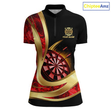 Load image into Gallery viewer, Personalized Red Flaming Thunder Darts Polo &amp; 1/4-Zip Shirt For Women Gold Dart Team Dart Jerseys NYN2957