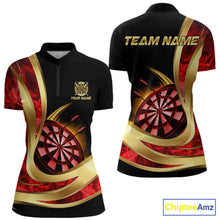 Load image into Gallery viewer, Personalized Red Flaming Thunder Darts Polo &amp; 1/4-Zip Shirt For Women Gold Dart Team Dart Jerseys NYN2957