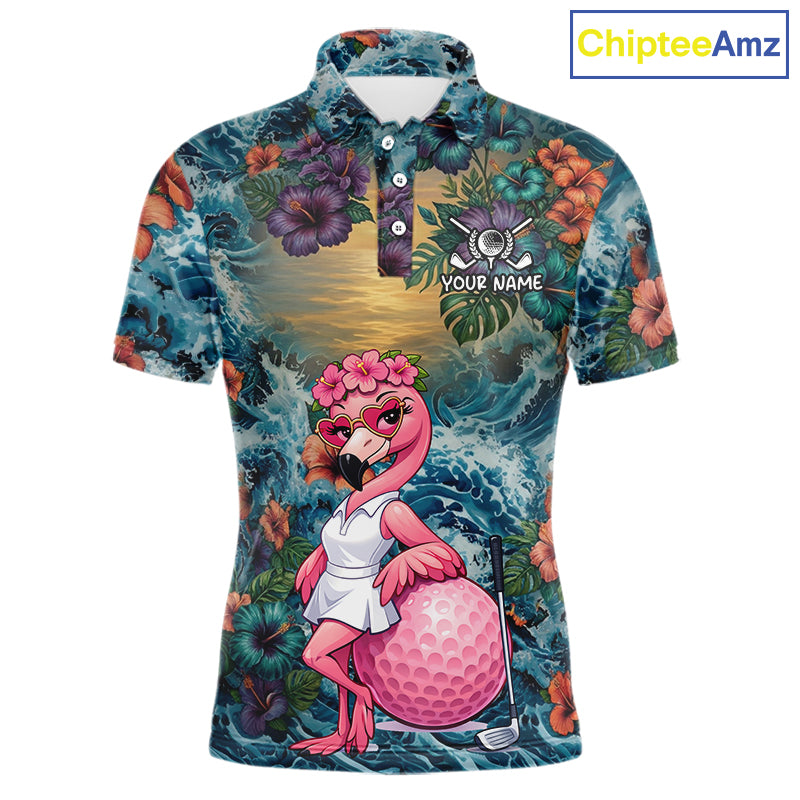 Mens Flamingo Golf Clothing Waving Tropical Golf Shirt Custom Floral Golf Polo, Best Golf Gifts NYN2959