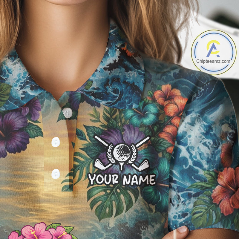 Womens Flamingo Golf Clothing Waving Tropical Golf Shirt Custom Floral Golf Polo, Best Golf Gifts NYN2959
