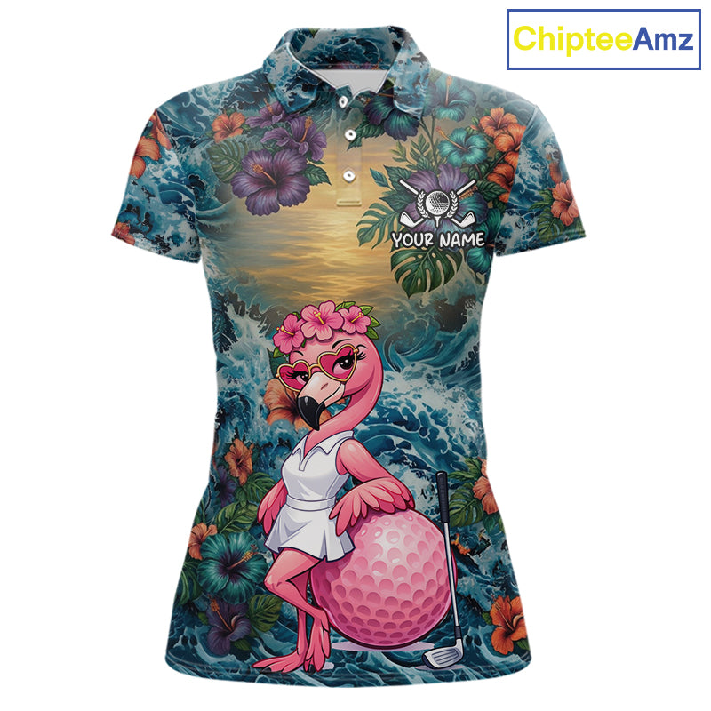 Womens Flamingo Golf Clothing Waving Tropical Golf Shirt Custom Floral Golf Polo, Best Golf Gifts NYN2959