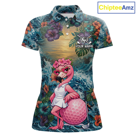 Womens Flamingo Golf Clothing Waving Tropical Golf Shirt Custom Floral Golf Polo, Best Golf Gifts NYN2959