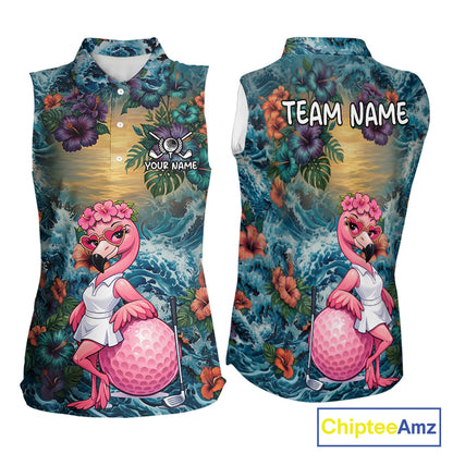 Womens Flamingo Golf Clothing Waving Tropical Golf Shirt Custom Floral Golf Sleeveless Polo, Golf Gifts NYN2959