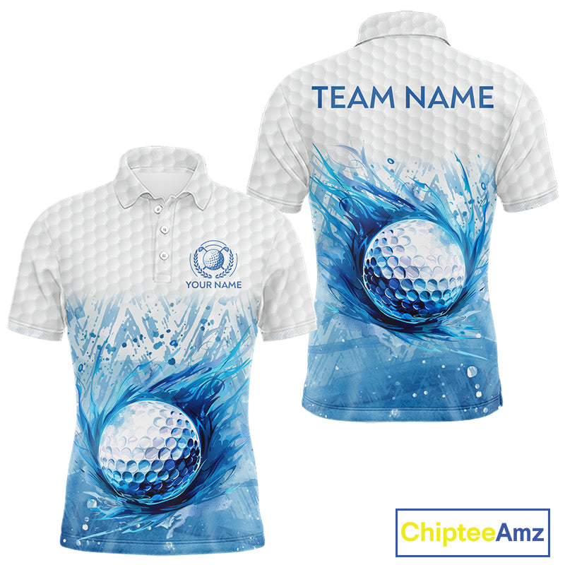 Custom Mens Golf Polo Shirts, Blue Splatter Golf Ball White Men Golf Polo Shirt, Best Golf Shirts NYN2961