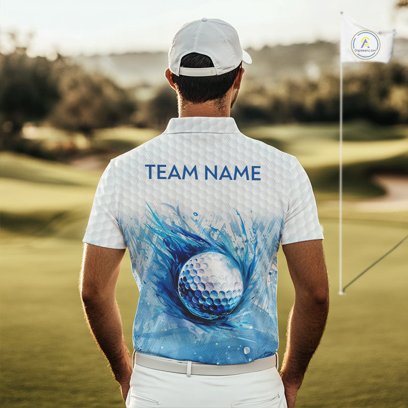 Custom Mens Golf Polo Shirts, Blue Splatter Golf Ball White Men Golf Polo Shirt, Best Golf Shirts NYN2961